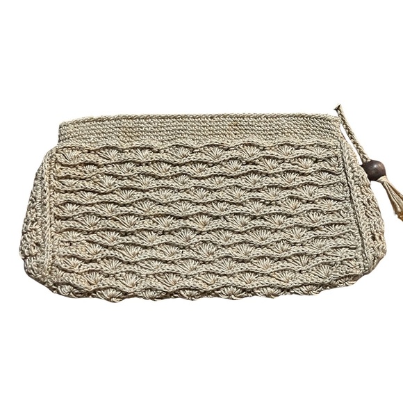 Japanese Tan Tightly Crocheted Clutch Beach Vacation Coastal Grandma Boho Pretty - Picture 1 of 7